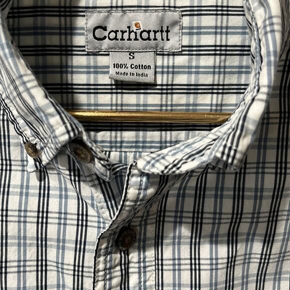 Men’s Carhartt Shirt Sleeve Blue Plaid Button Down Shirt Size Small EUC - Picture 2 of 6
